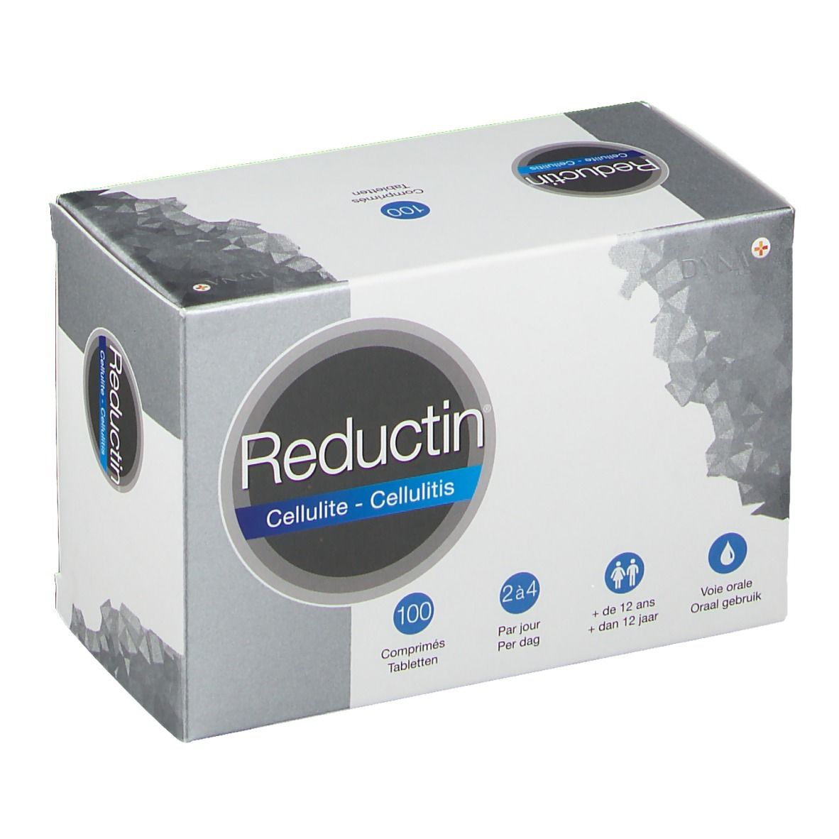 Boîte de "Reductin Cellulite". 100 comprimés. Emballage bleu et gris. Informations sur le dosage et l'utilisation.