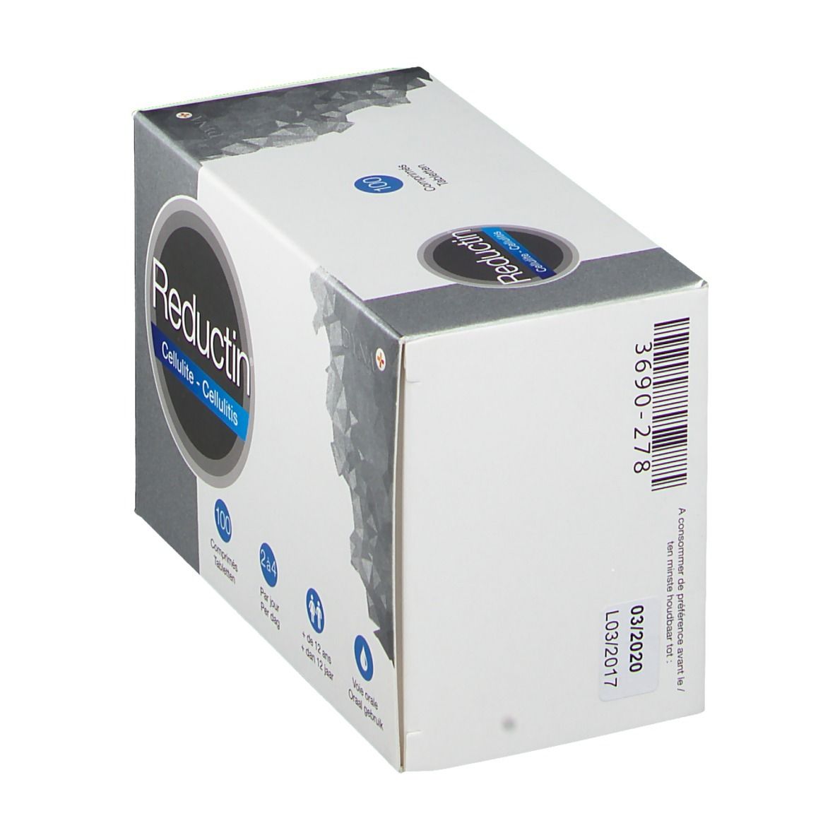 Boîte "Reductin Cellulite" de côté. Code-barres et date de péremption. Emballage gris et bleu.