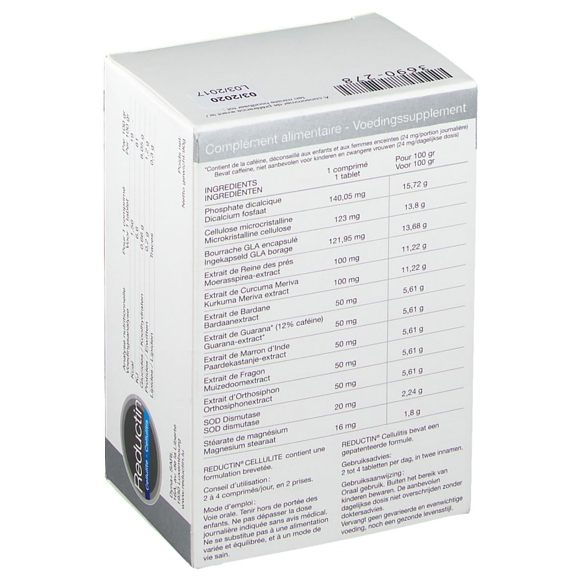 Dos de la boîte "Reductin Cellulite". Liste des ingrédients et informations nutritionnelles. Texte multilingue.