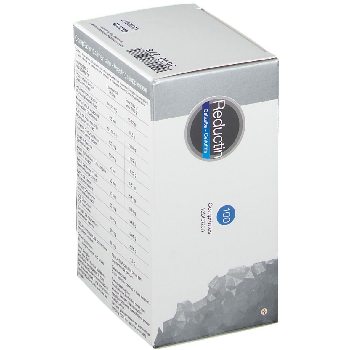 Boîte "Reductin Cellulite". 100 comprimés. Liste des ingrédients sur le côté. Emballage bleu et gris.
