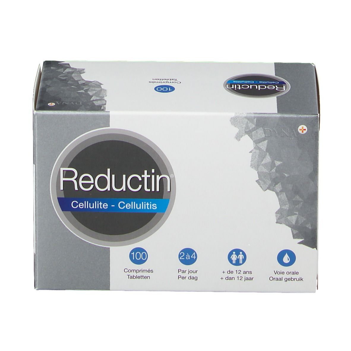 Boîte "Reductin Cellulite". 100 comprimés. Emballage bleu et gris. Informations sur le dosage et l'utilisation.
