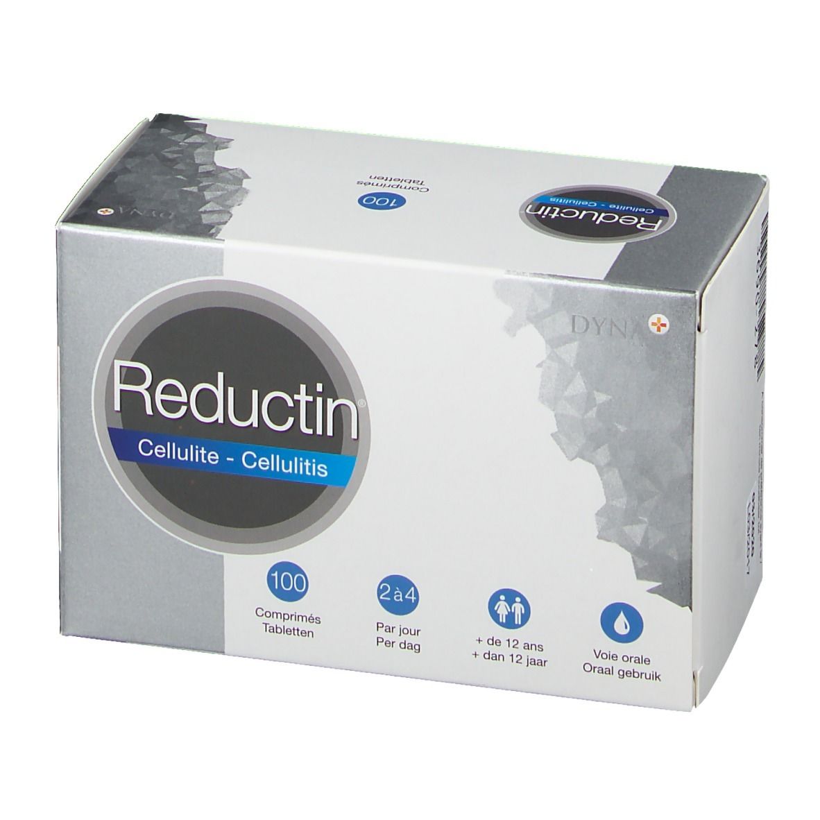 Boîte "Reductin Cellulite". 100 comprimés. Emballage bleu et gris. Informations sur le dosage et l'utilisation.
