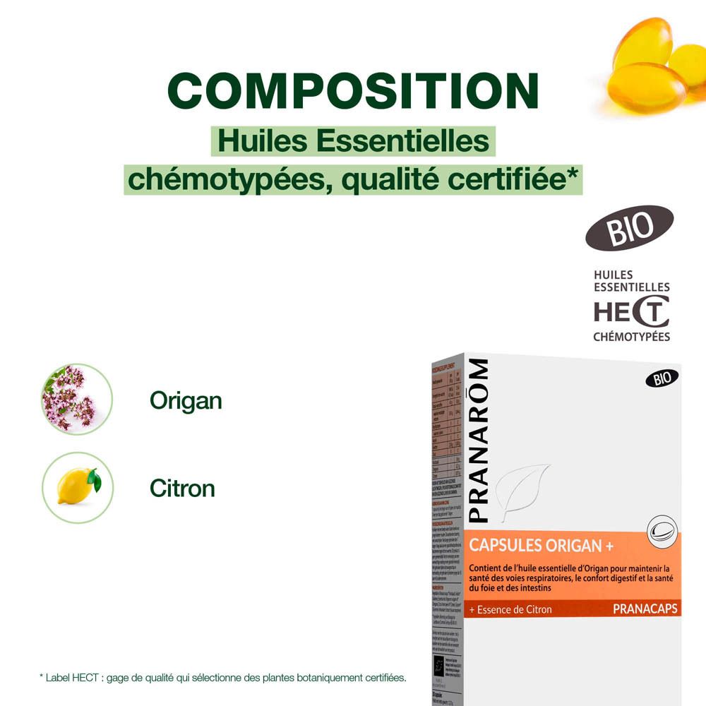 Boîte de gélules. Inscription: CAPSULES OREGANO + Essence de Citron. Label BIO.
