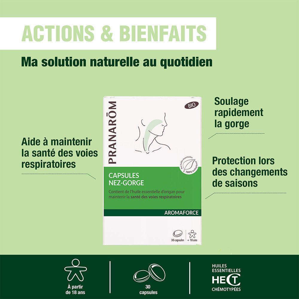 PRANARÔM - Aromaforce - Capsules Nez-Gorge - Compléments Alimentaires Aux Huiles Essentielles - Origan(*) - (*) Maintient La Santé Des Voies Respiratoires - 100% Bio - 30 Capsules