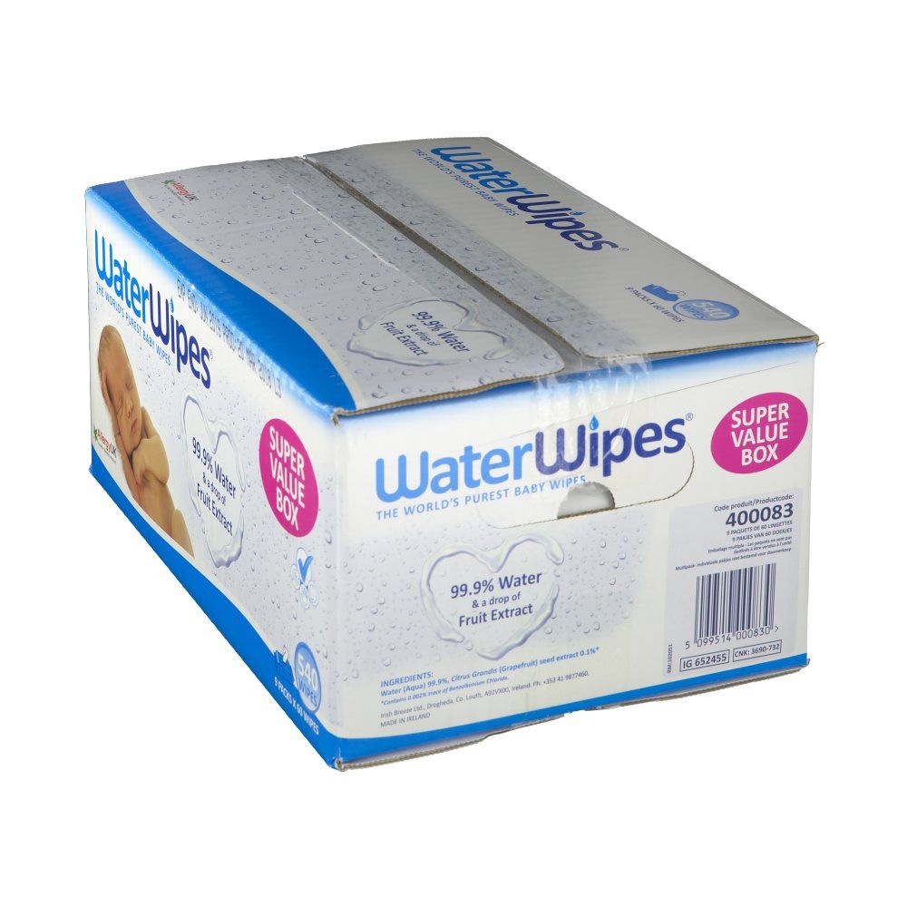 Boîte en carton de lingettes WaterWipes. Inscription : 99,9 % d'eau et extrait de fruits. Super Value Box. 540 lingettes.