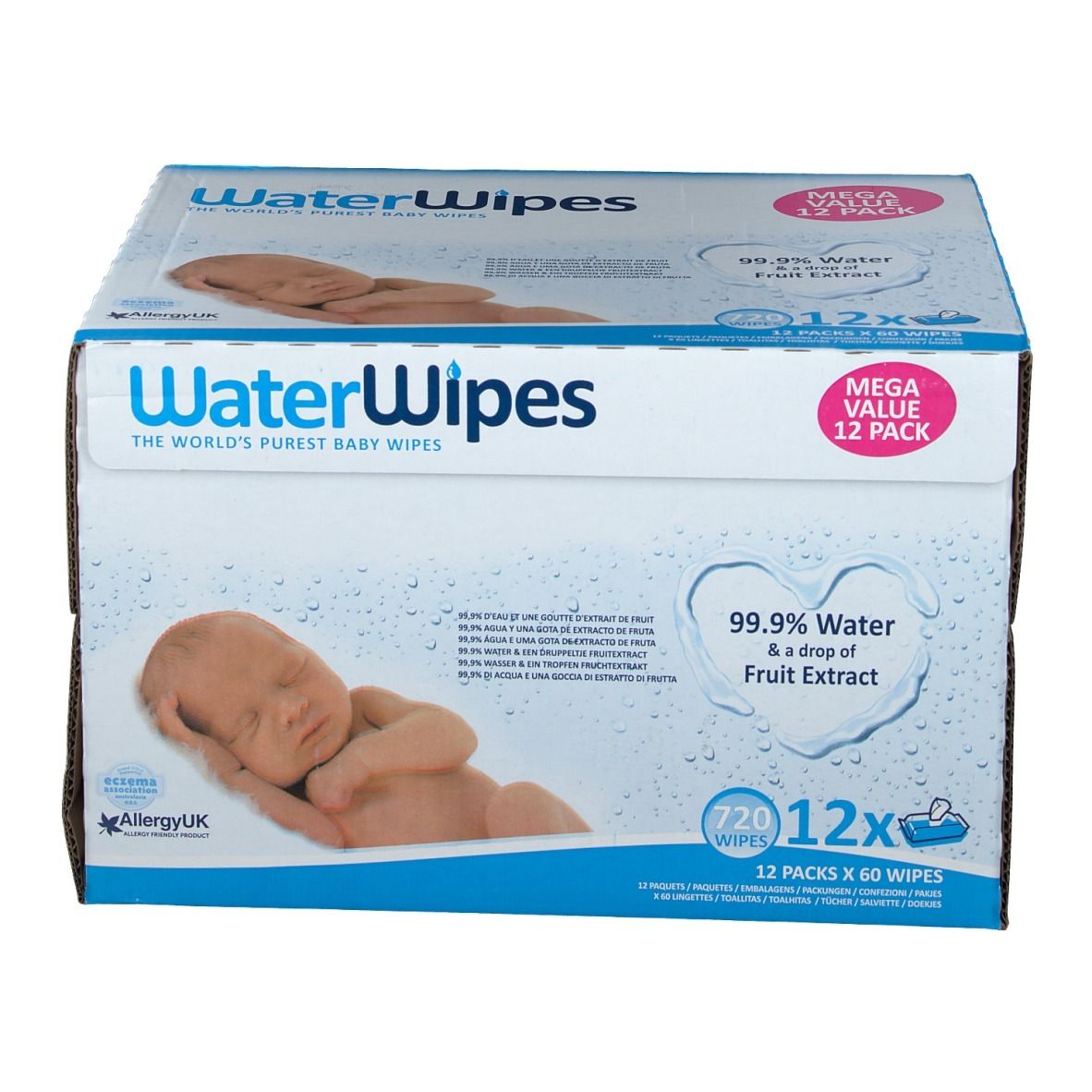 Boîte de lingettes WaterWipes. Inscription : 99,9 % d'eau et extrait de fruits, 12x60 lingettes. Image d'un bébé.