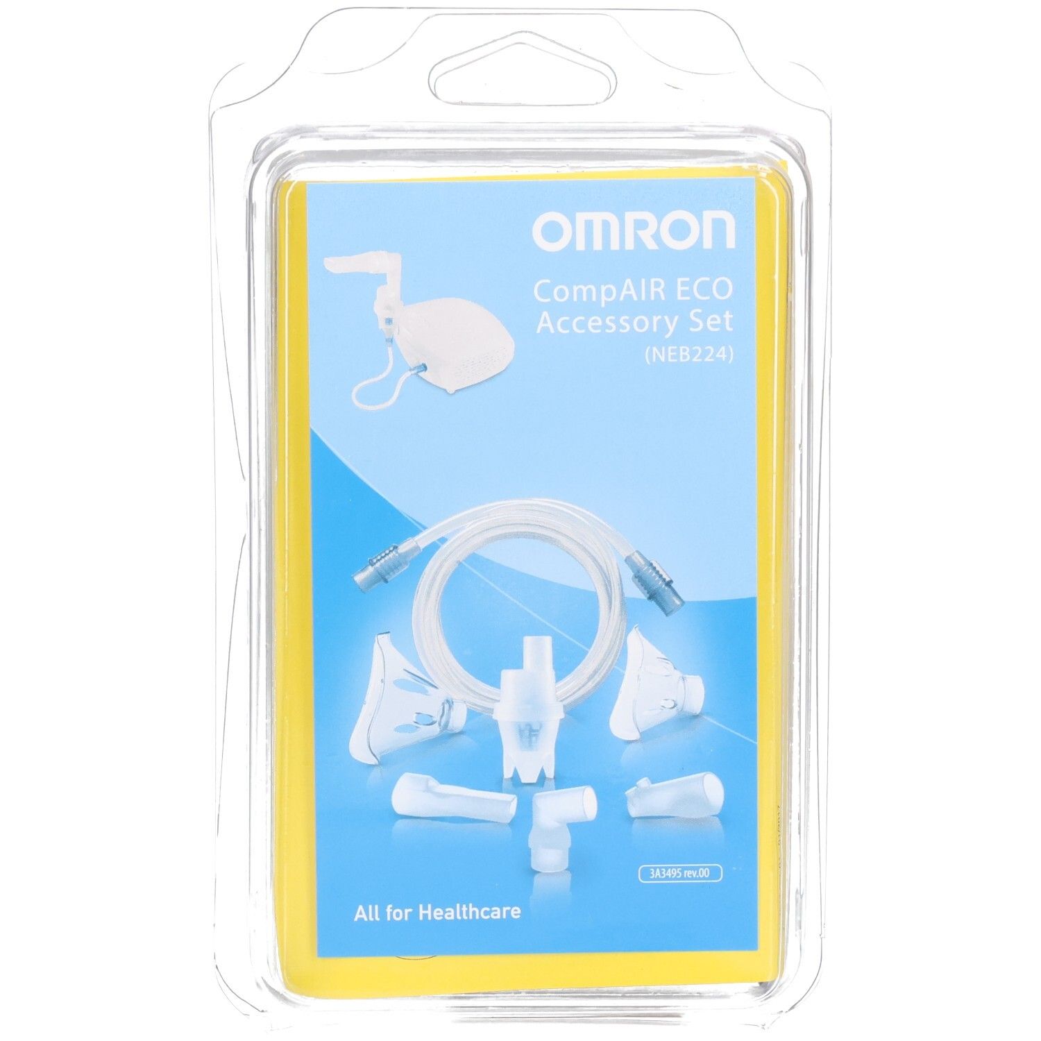 Set d'accessoires Omron CompAir ECO (NEB224) en emballage blister. Comprend masques, tube, embout buccal et autres pièces.