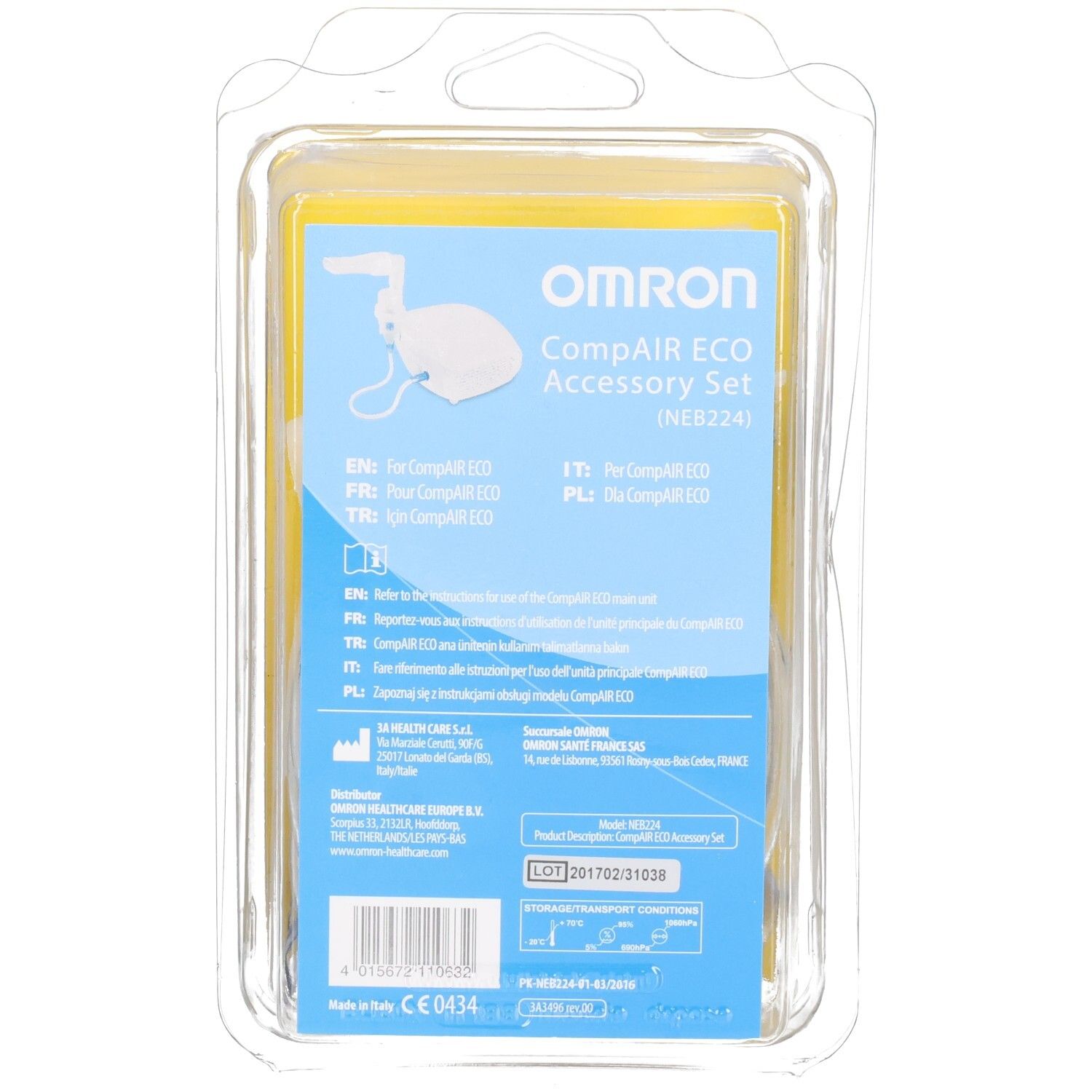 Dos de l'emballage blister du set d'accessoires Omron CompAir ECO (NEB224). Texte multilingue, marquage CE.