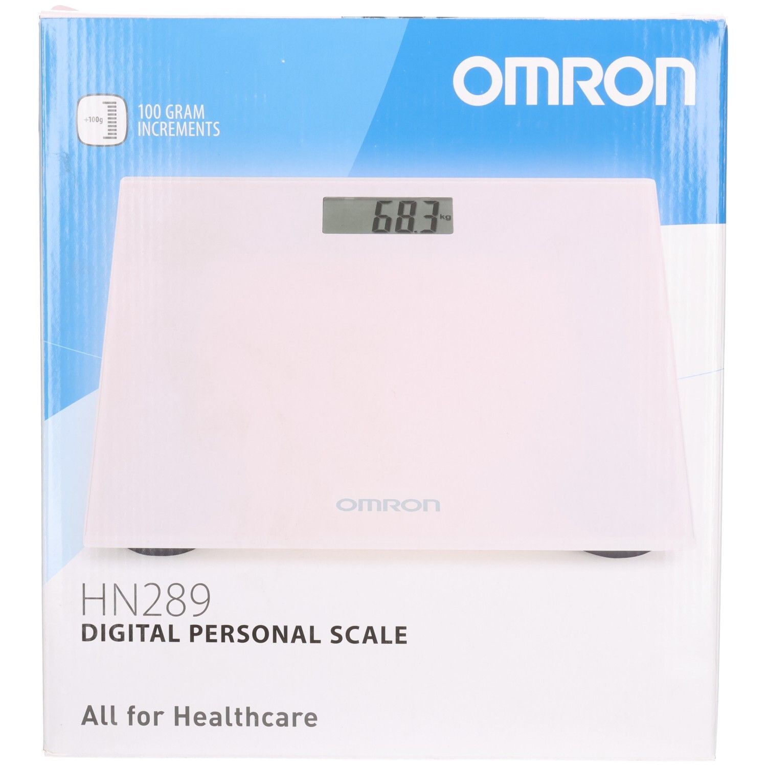Balance numérique. Blanche, rectangulaire. Affichage numérique du poids. Logo OMRON. Emballage avec nom et logo du produit.