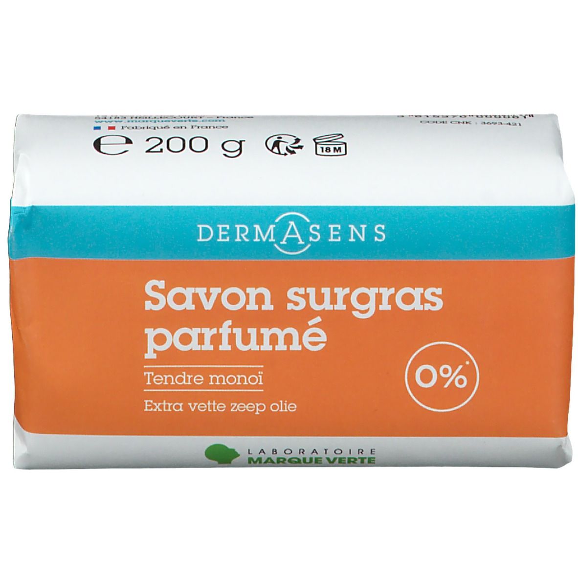 Savon surgras parfumé DermAsens, emballé. Inscription: Tendre monoi. Indication 0%. Label: Laboratoire Marque Verte.