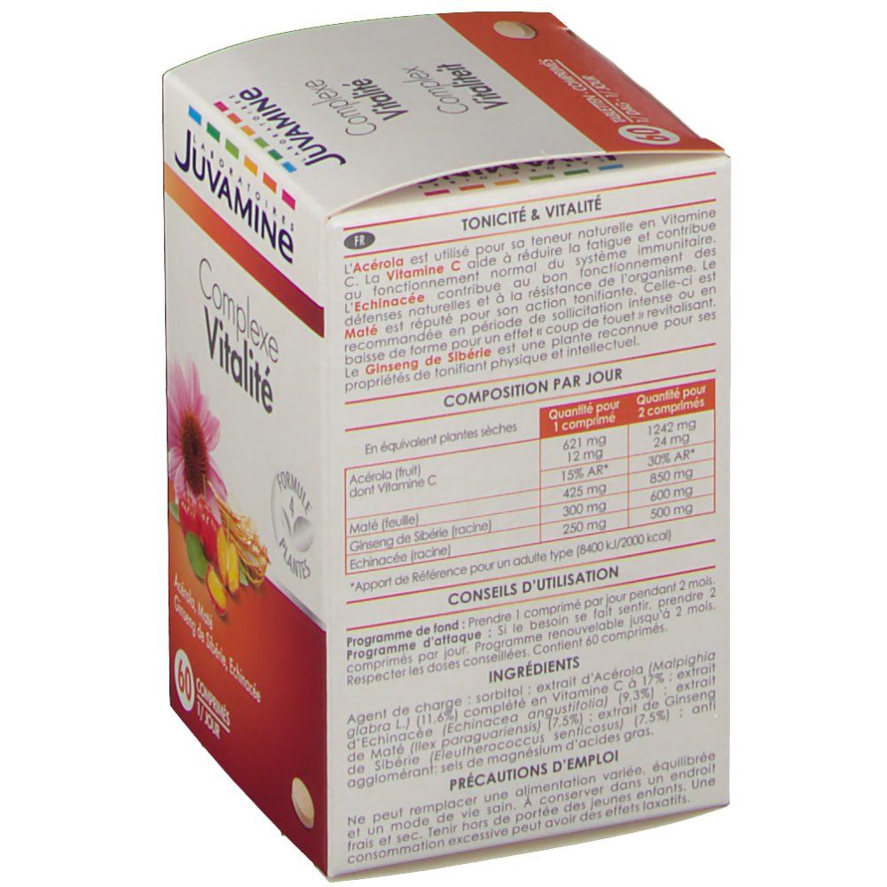Boîte de Juvamine Complexe Vitalité. Inscription: 60 comprimés. Liste des ingrédients et informations nutritionnelles au dos.