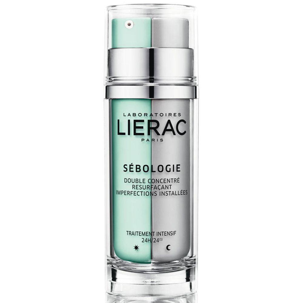 Flacon double concentré. Deux compartiments, vert et gris. Inscriptions LIERAC et SÉBOLOGIE.
