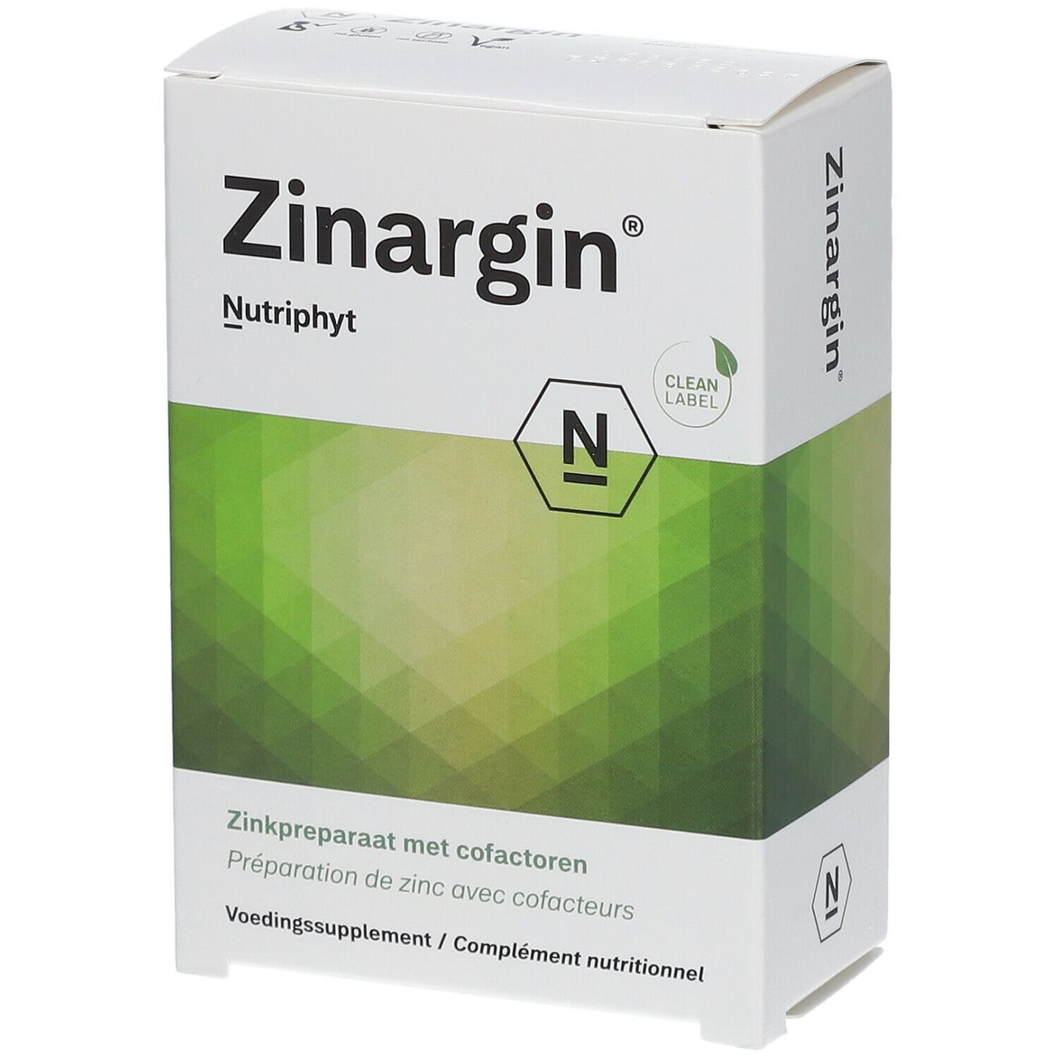 Boîte blanche "Zinargin" et "Nutriphyt". Fond vert et blanc. Logo "Clean Label".