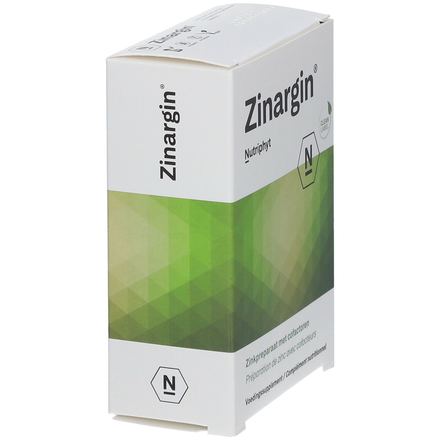 Boîte blanche avec "Zinargin". Fond vert et blanc. Logo "Clean Label".