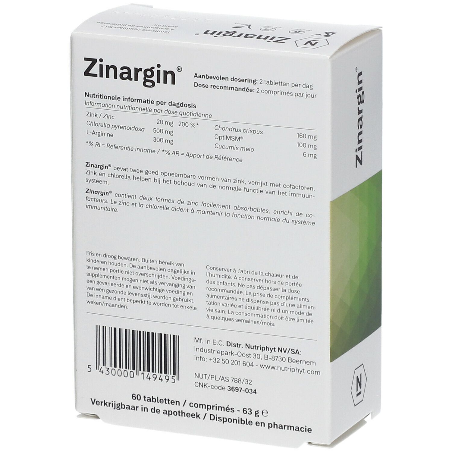 Dos de la boîte blanche "Zinargin". Texte avec informations nutritionnelles, dosage et ingrédients.