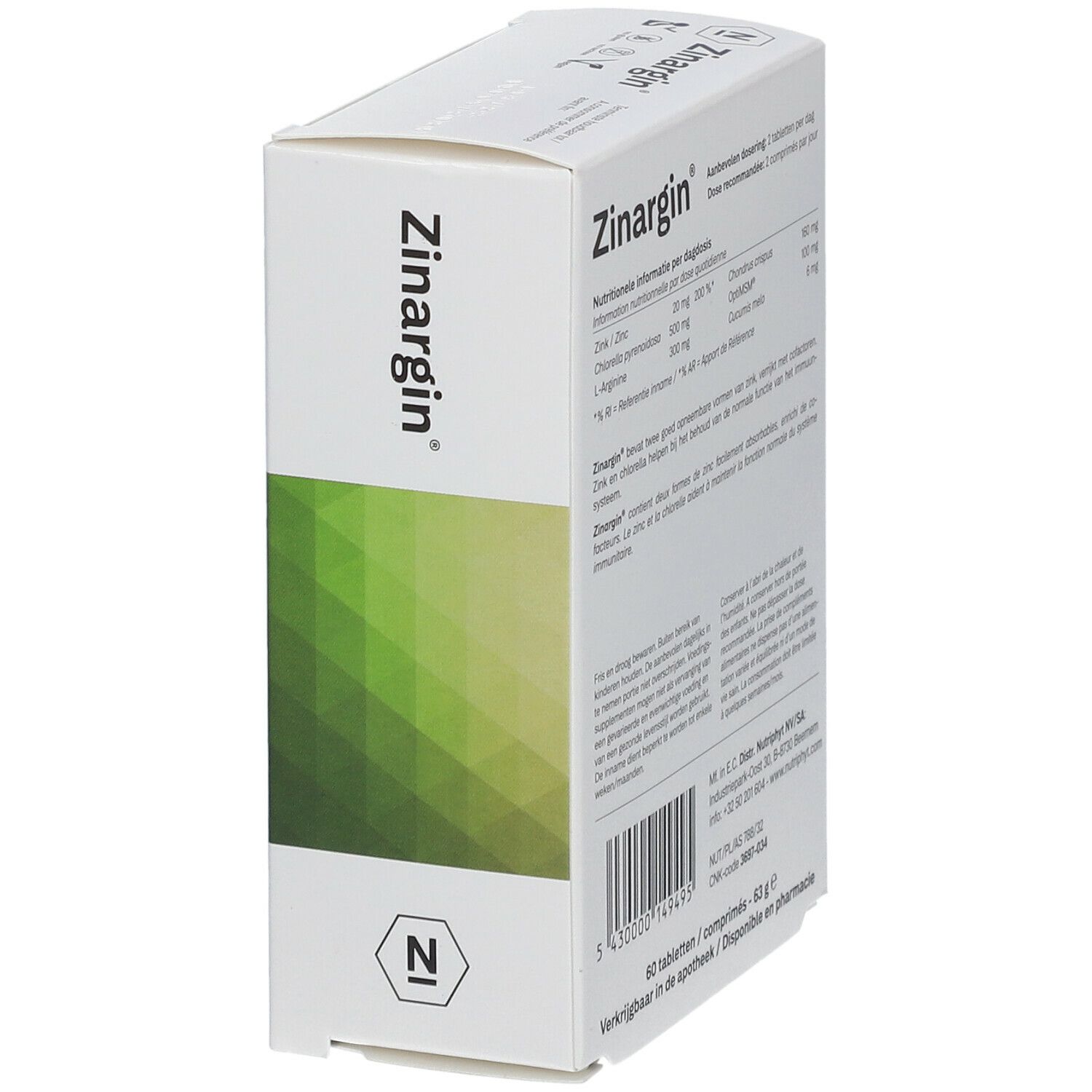 Boîte blanche "Zinargin". Texte et informations sur l'emballage. Fond vert et blanc.
