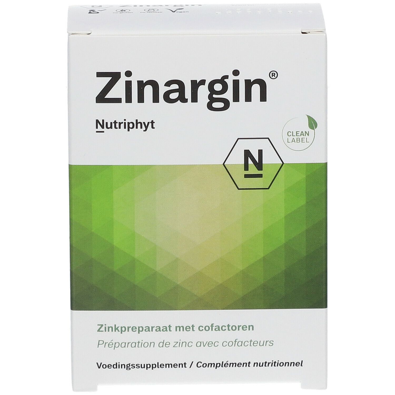 Boîte blanche "Zinargin" avec "Nutriphyt". Fond vert et blanc. Logo "Clean Label".