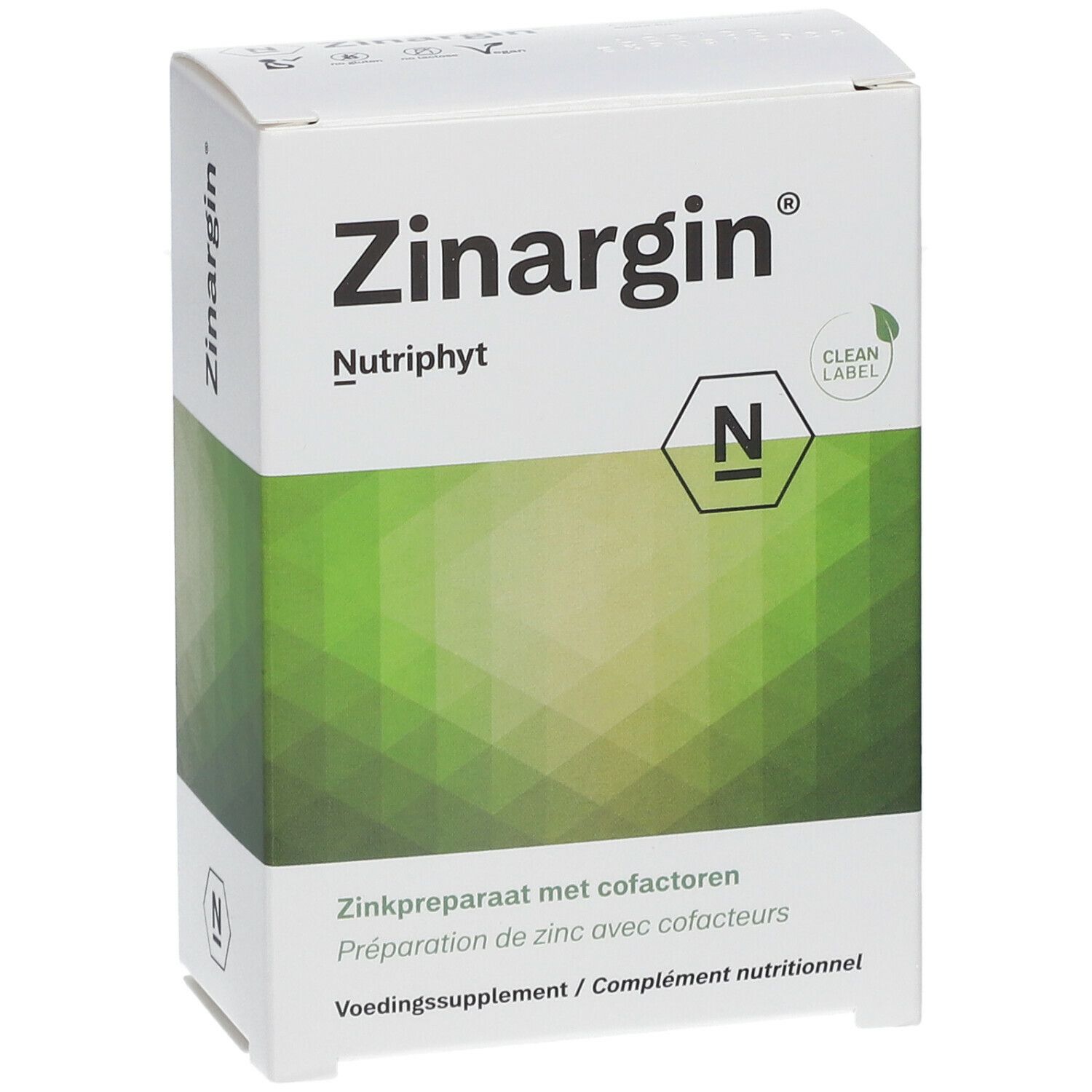 Boîte blanche "Zinargin" avec "Nutriphyt". Fond vert et blanc. Logo "Clean Label".