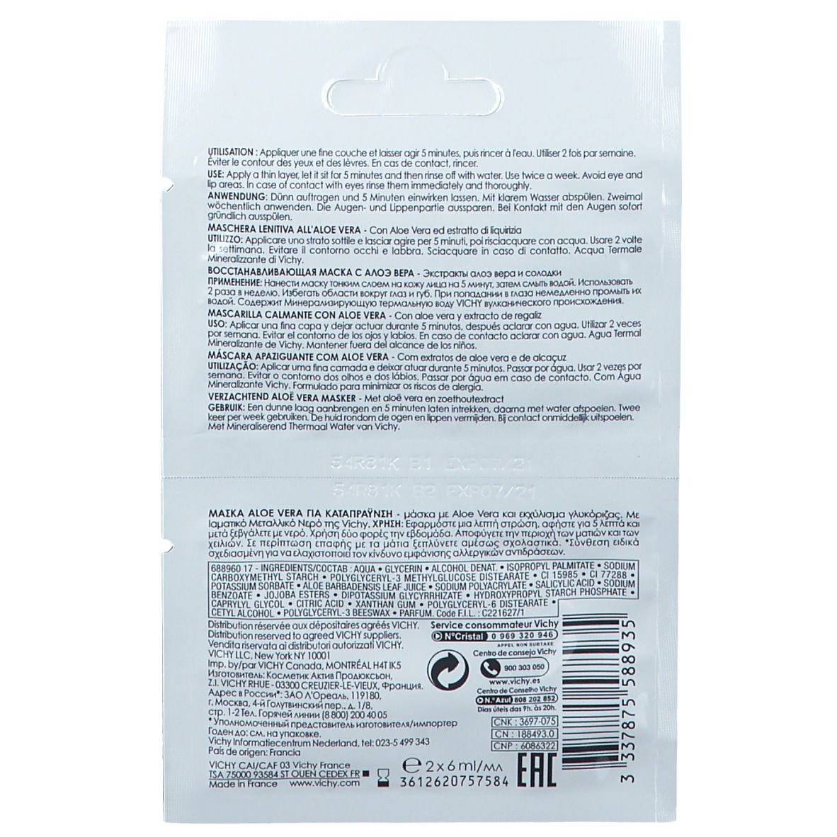 Sachet avec texte. Contient des informations sur les ingrédients et l'utilisation. Marque : Vichy. Taille : 2x6ml.