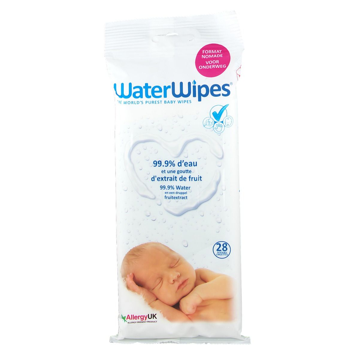 Paquet de lingettes WaterWipes avec bébé. Inscription : 99,9 % d'eau, extrait de fruit. 28 lingettes. Allergy UK.