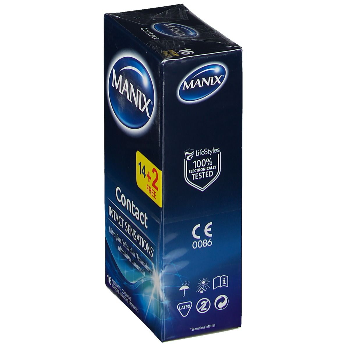 Boîte de préservatifs MANIX® Contact. Emballage bleu avec logo de la marque et nom du produit. 14+2 gratuits. Marquage CE.