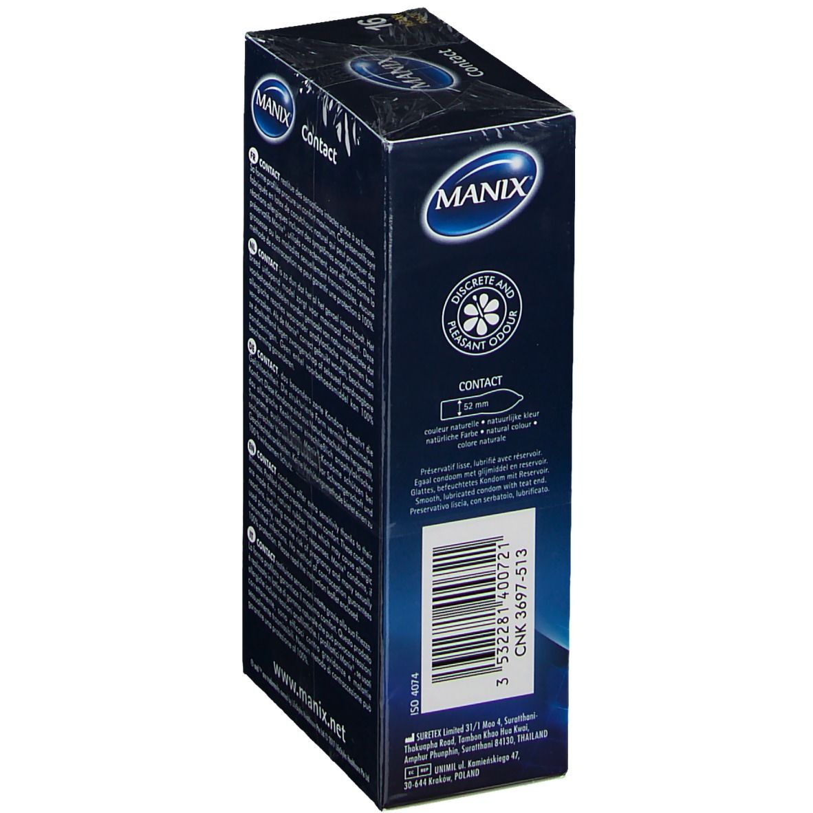 Côté de la boîte de préservatifs MANIX® Contact. Texte, code-barres et logo de la marque. Nom du produit et indication de parfum.