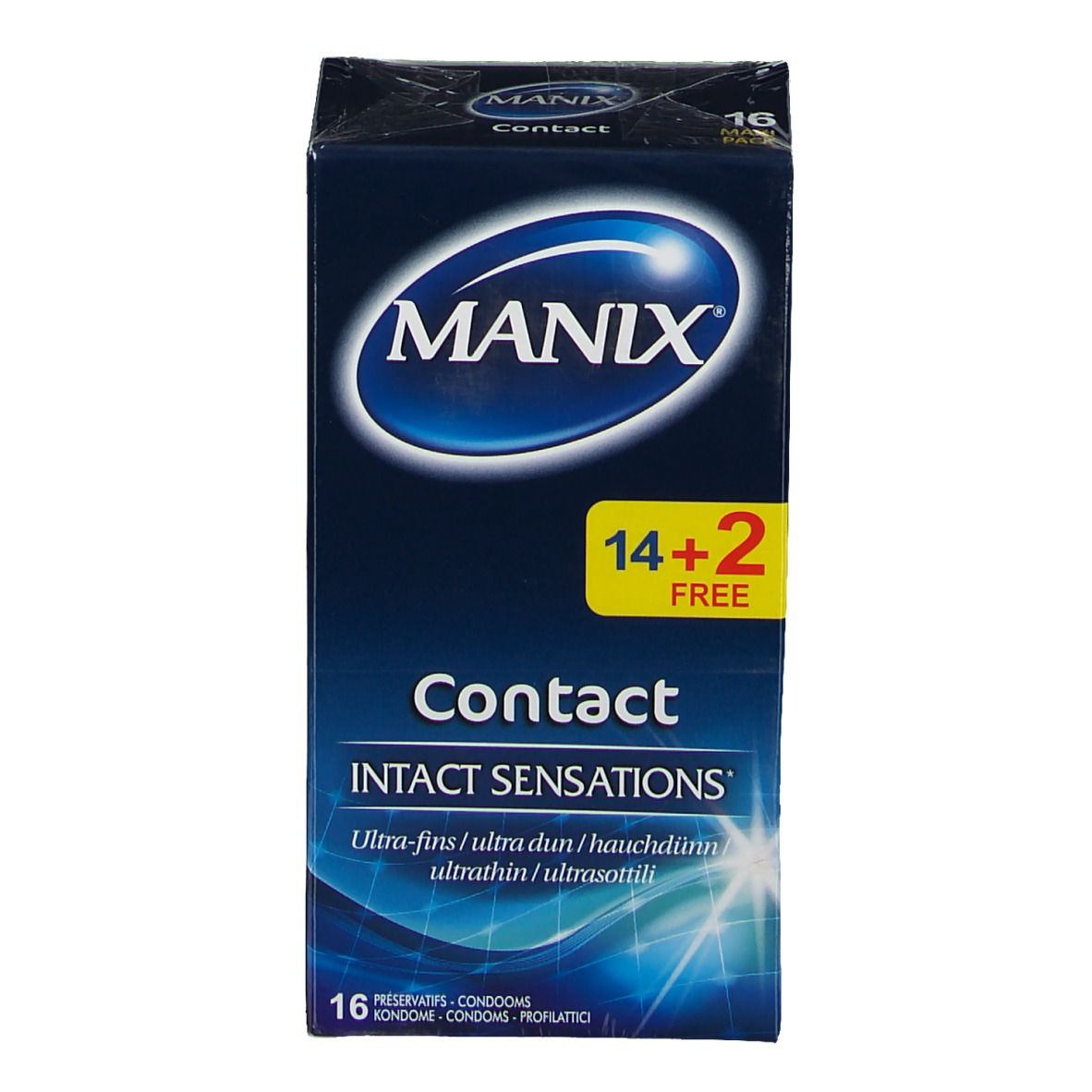 Face avant de la boîte de préservatifs MANIX® Contact. Logo de la marque, nom du produit et 14+2 gratuits. 16 préservatifs.