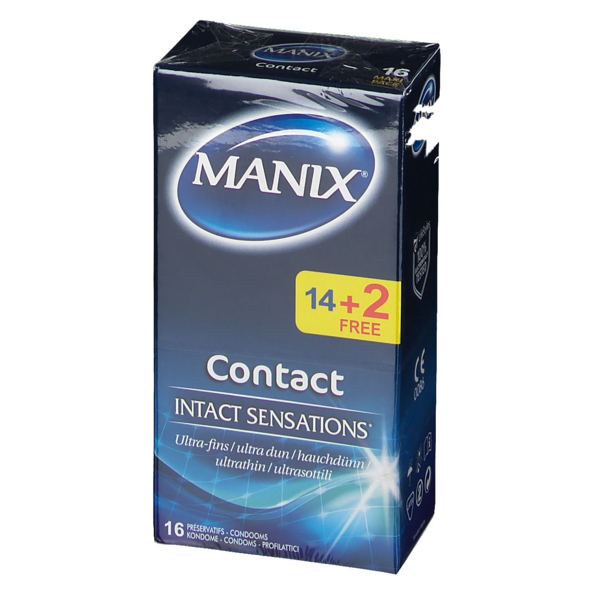 Face avant de la boîte de préservatifs MANIX® Contact. Logo de la marque, nom du produit et 14+2 gratuits. 16 préservatifs.