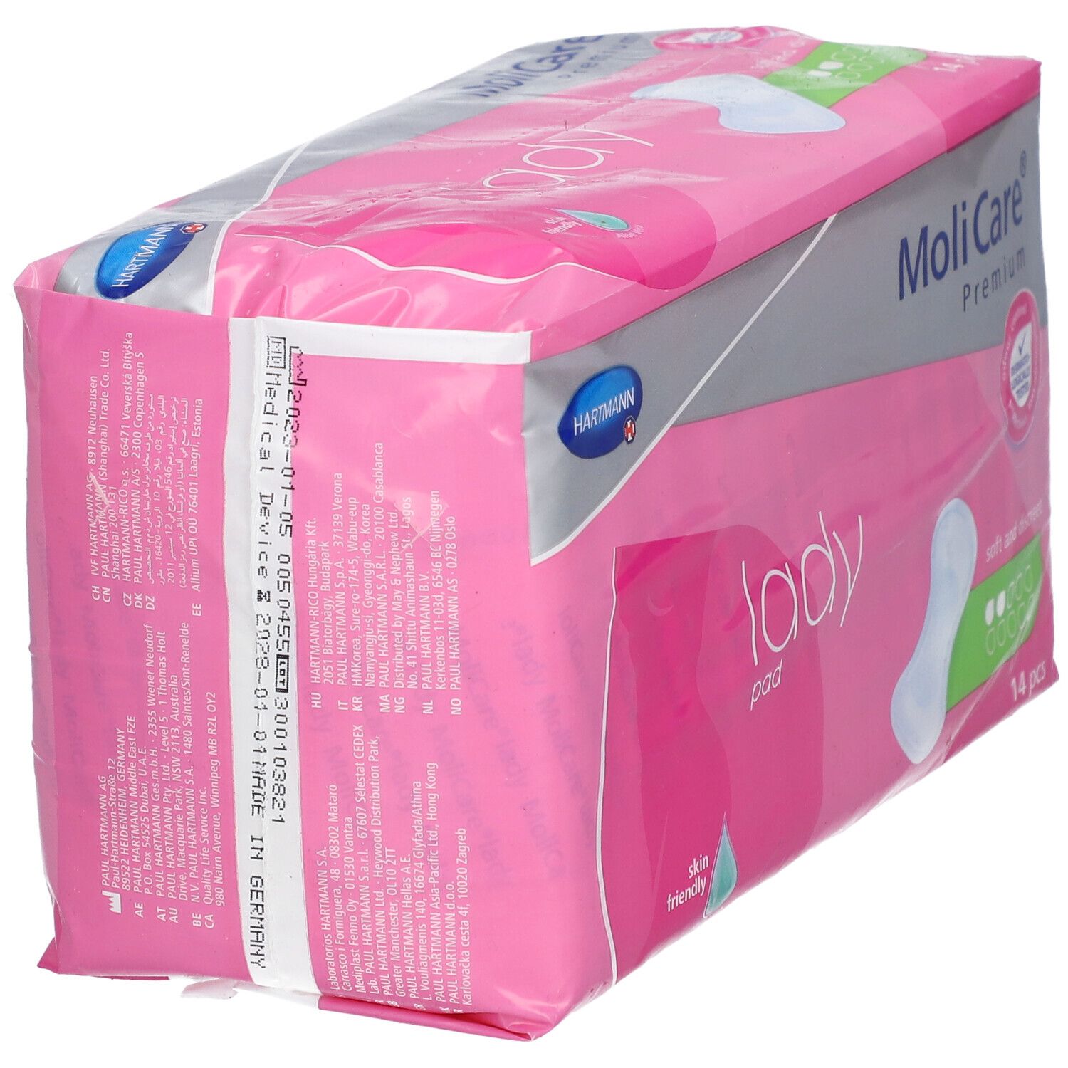 Paquet de MoliCare® Premium Lady Pad. Rose, blanc, logo Hartmann. Texte : Lady Pad. Dispositif médical. Fabriqué en Allemagne.