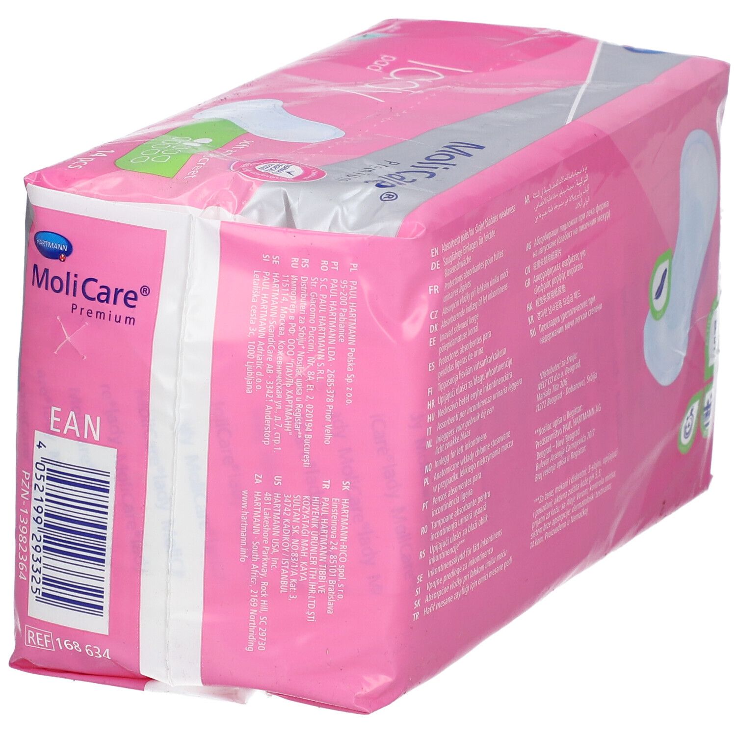 Côté du paquet de MoliCare® Premium Lady Pad. Rose et blanc, texte multilingue. Code EAN. Numéro REF.
