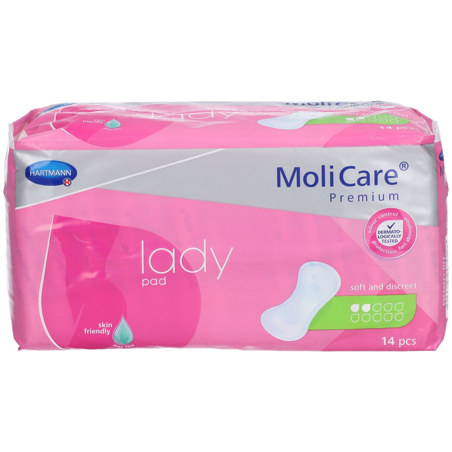 Paquet de MoliCare® Premium Lady Pad. Design rose et blanc, illustration du produit, 14 pièces. Logo Hartmann. Doux pour la peau.