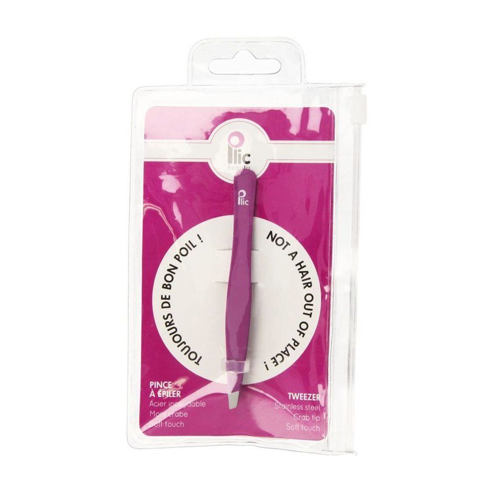 Pince à épiler violette à pointe incurvée, emballée. Marque Ilic. Inscription : Toujours de bon poil ! et Not a hair out of place !