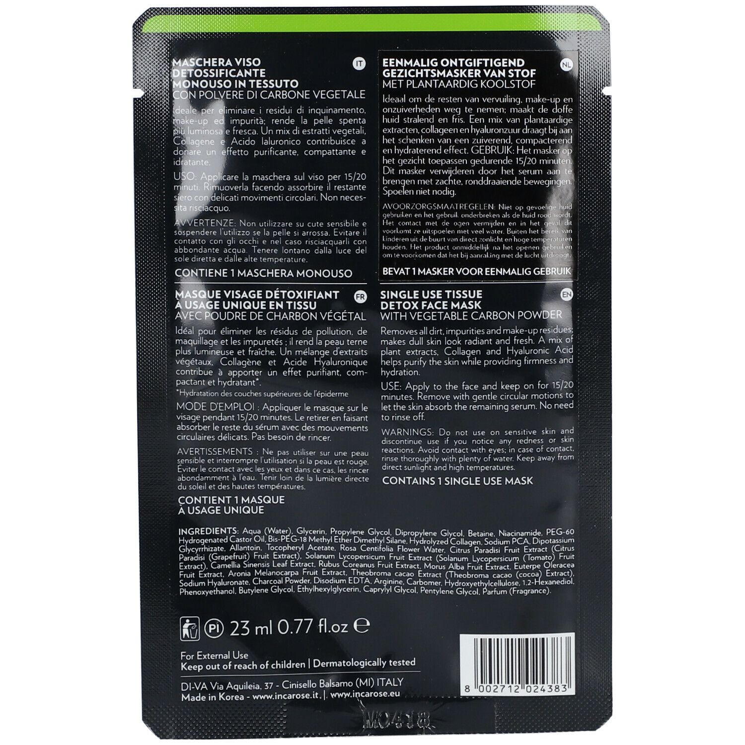Masque visage détoxifiant en tissu noir, emballage individuel. Texte: Poudre de charbon végétal. 23 ml.