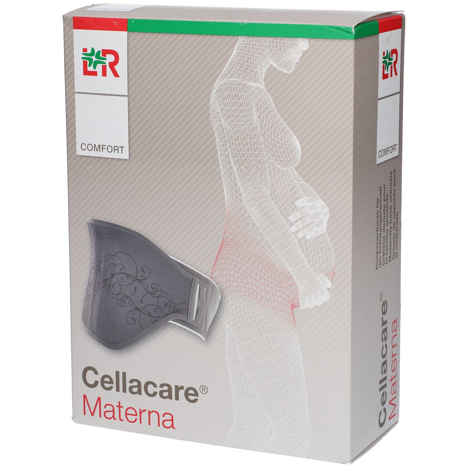 Emballage Cellacare Materna. Orthèse dorsale grise. Logo et nom du produit visibles.