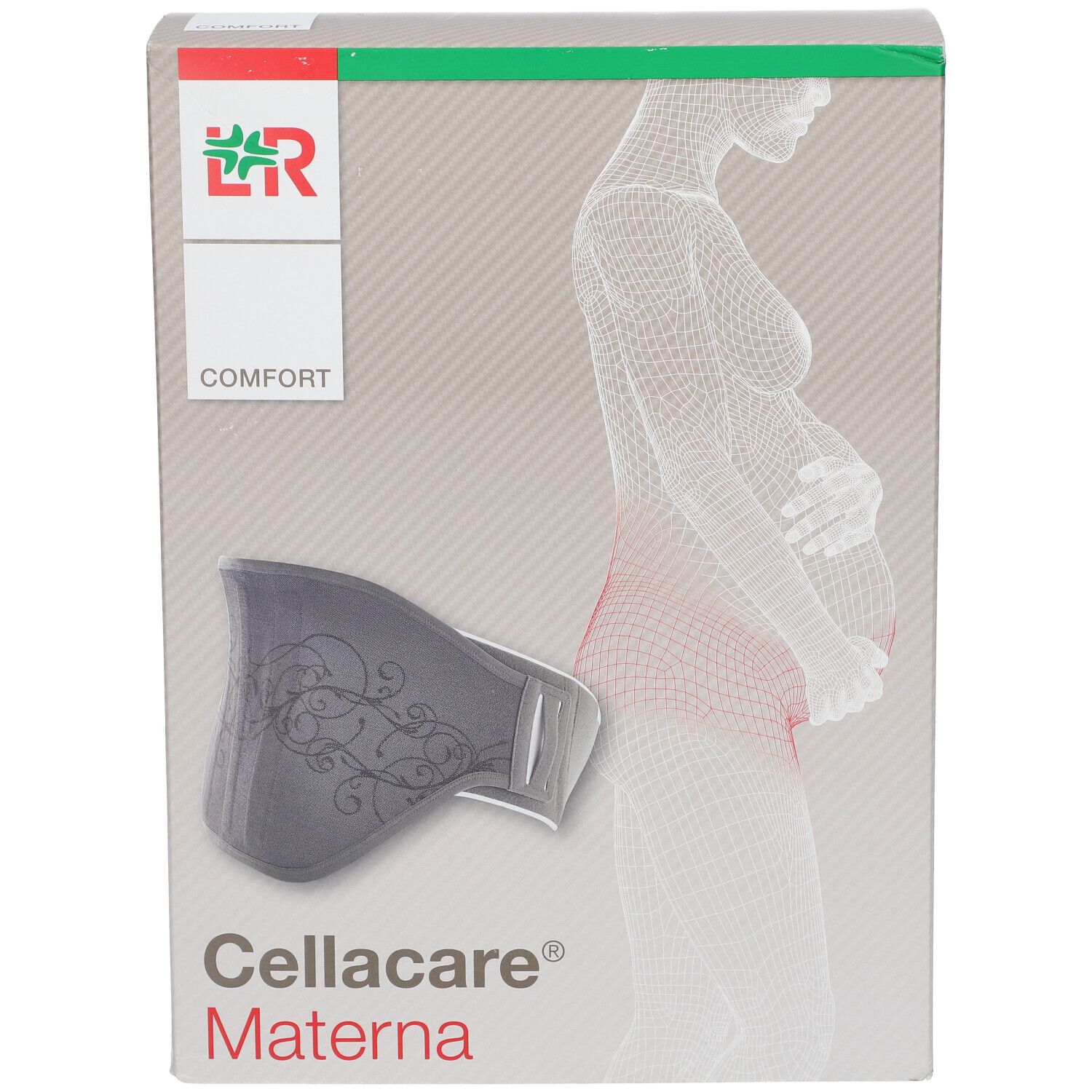 Emballage Cellacare Materna. Orthèse dorsale grise. Logo et nom du produit visibles.