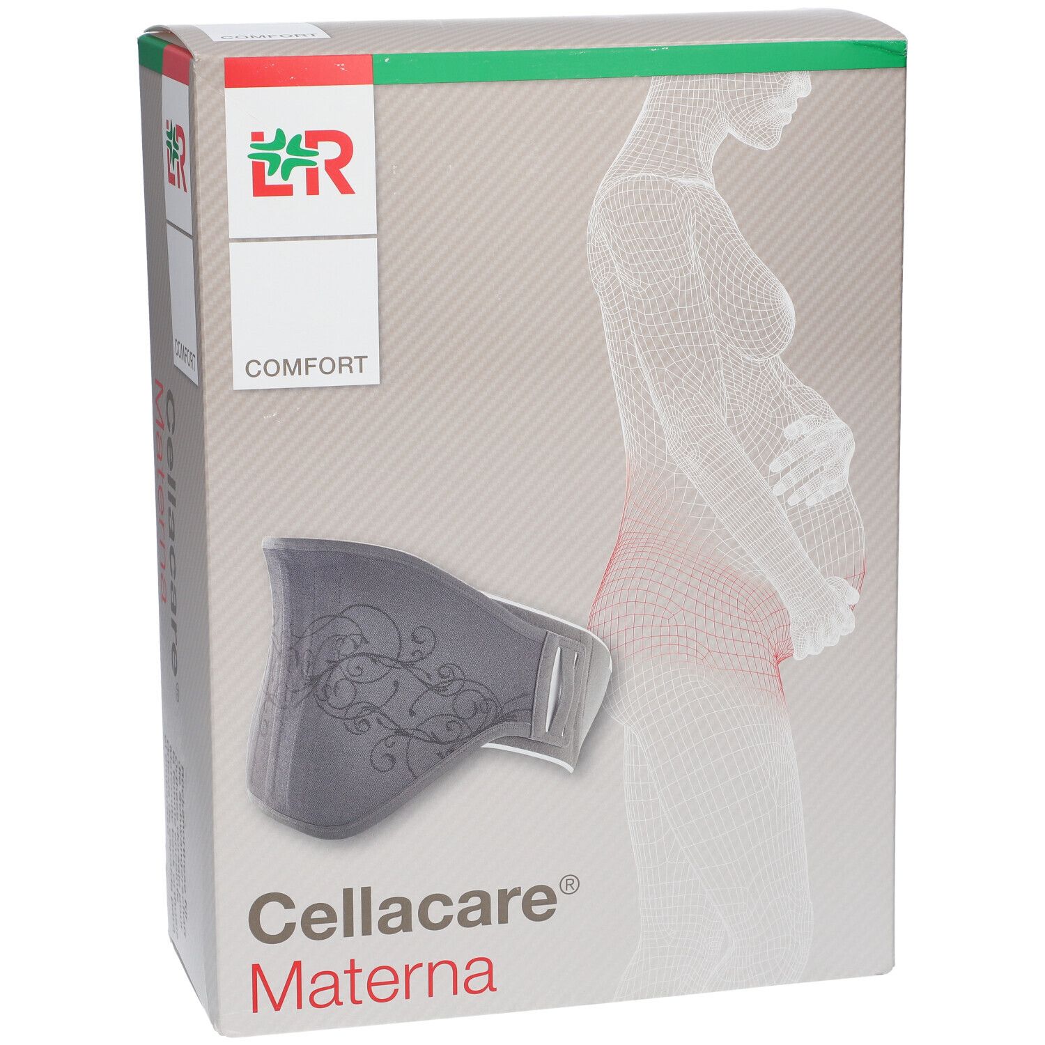 Emballage Cellacare Materna. Orthèse dorsale grise. Logo et nom du produit visibles.