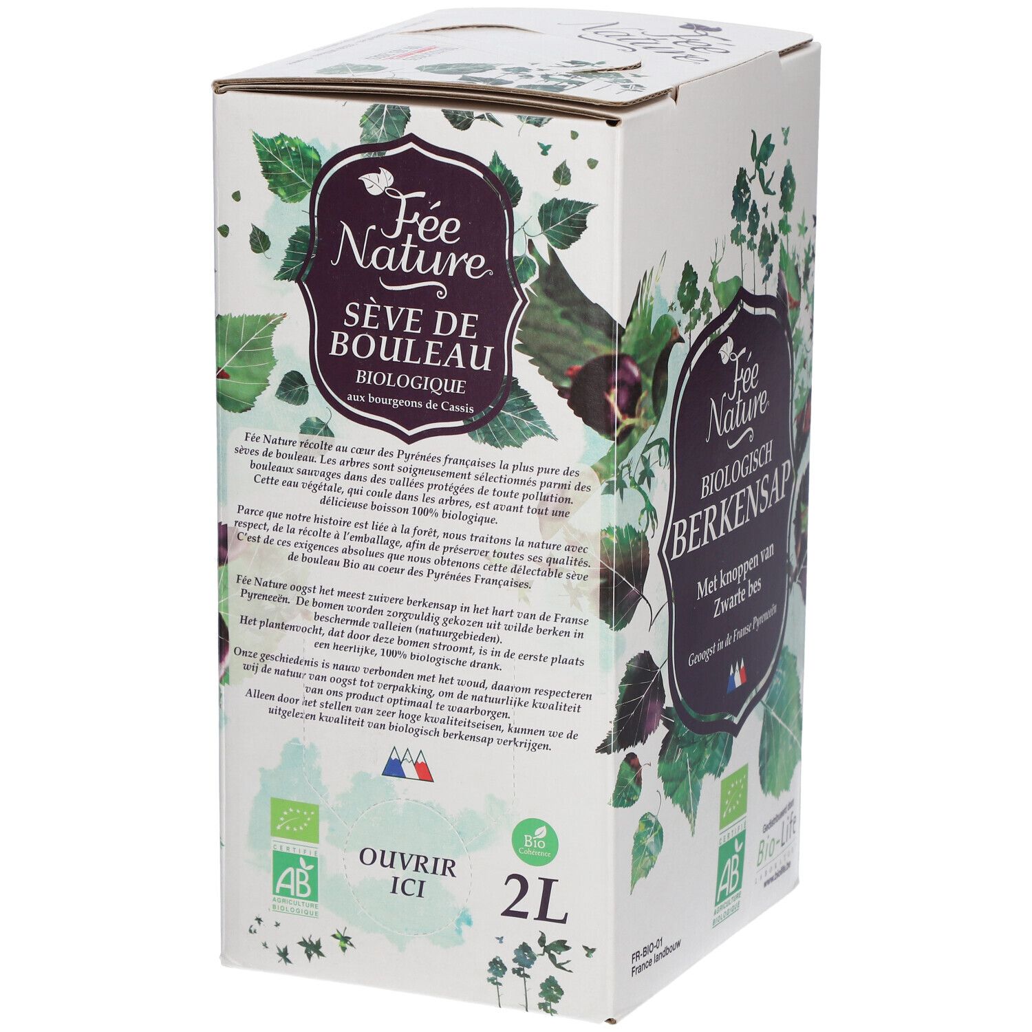 Emballage carton avec inscription: Sève de Bouleau, Biologique, aux bourgeons de Cassis. Marque: Fée Nature. 2L. Impression: Ouvrir ici.