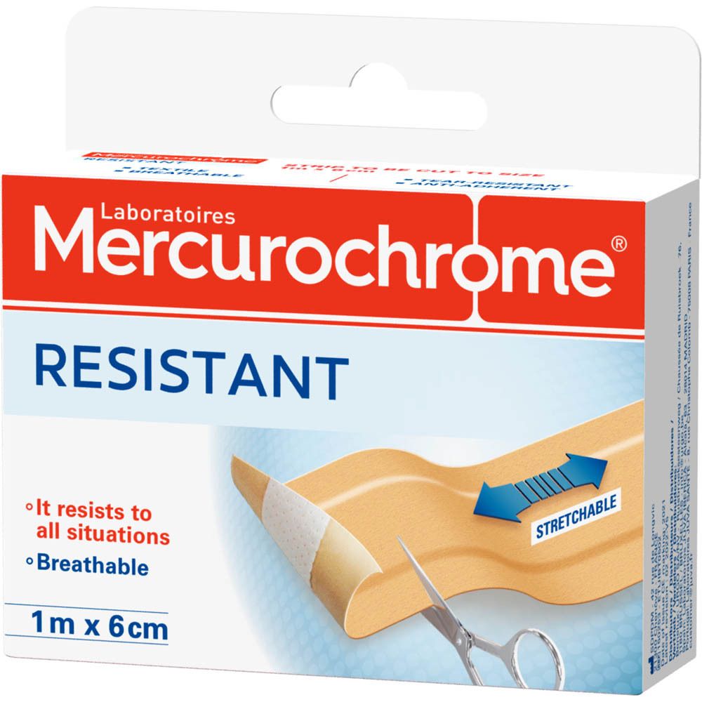 Boîte de pansements Mercurochrome. Résistant, respirant, extensible. Dimensions: 1mx6cm.