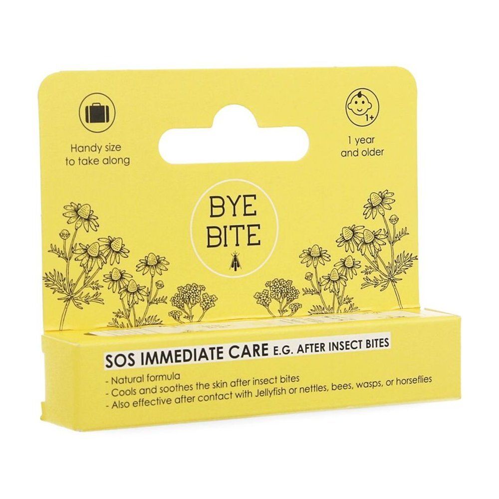 Emballage ByeBite SOS Roll-On avec motif de plantes. "SOS IMMEDIATE CARE" et "E.G. AFTER INSECT BITES" sont imprimés sur le devant.