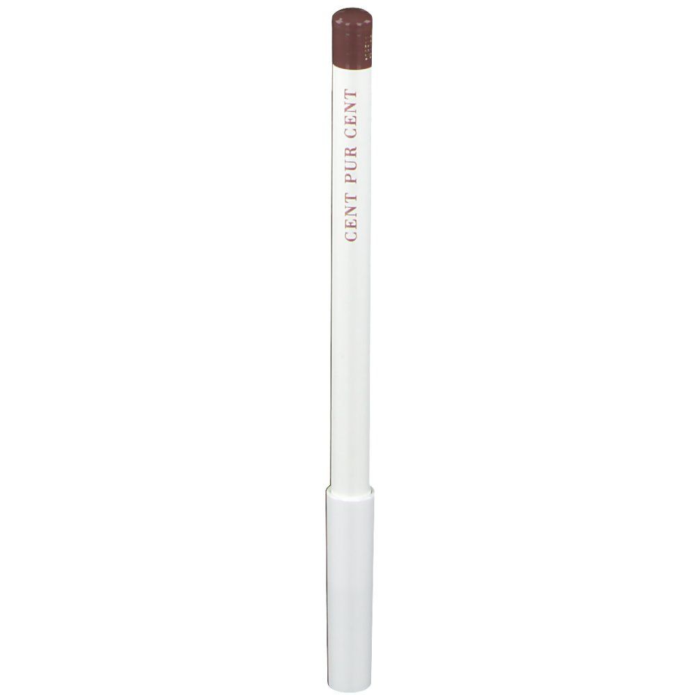 Crayon à lèvres minéral Pflaume, crayon blanc avec pointe marron. Inscription : CENT PUR CENT.