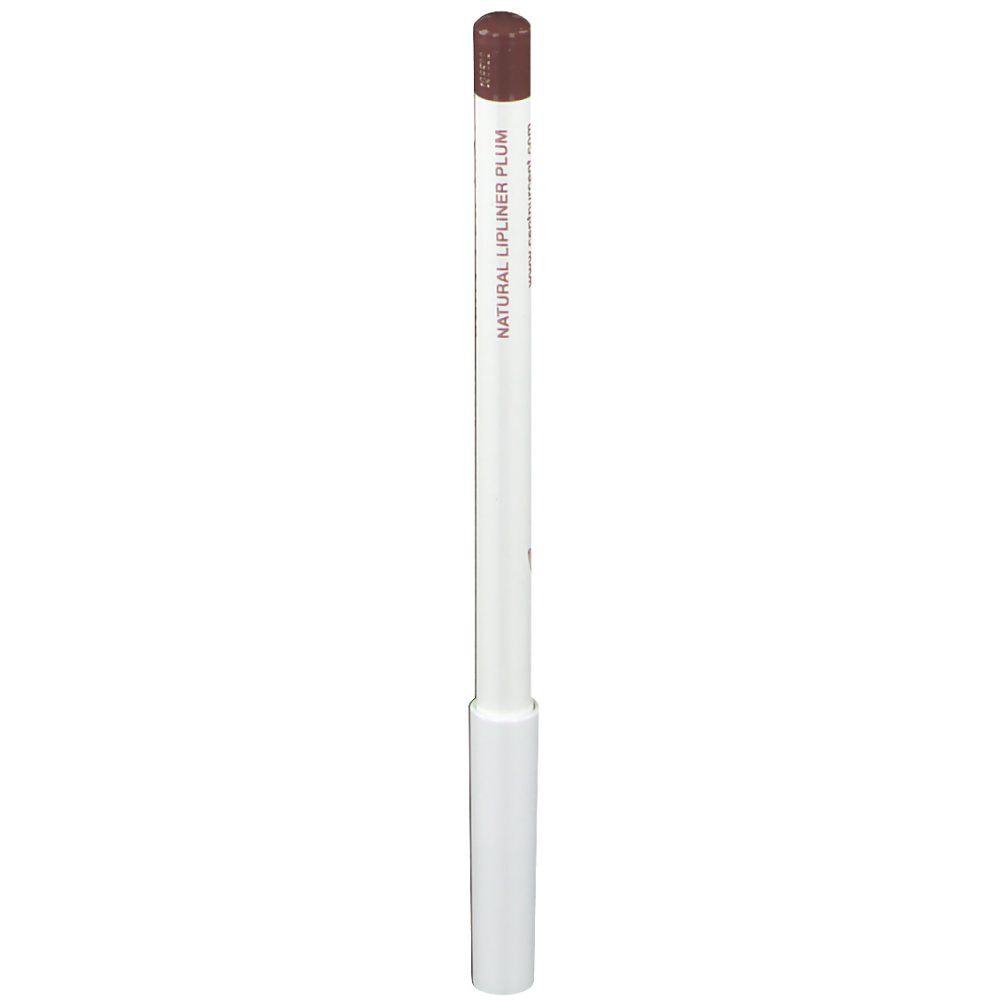 Crayon à lèvres minéral Pflaume, crayon blanc avec pointe marron. Inscription : NATURAL LIPLINER PLUM.