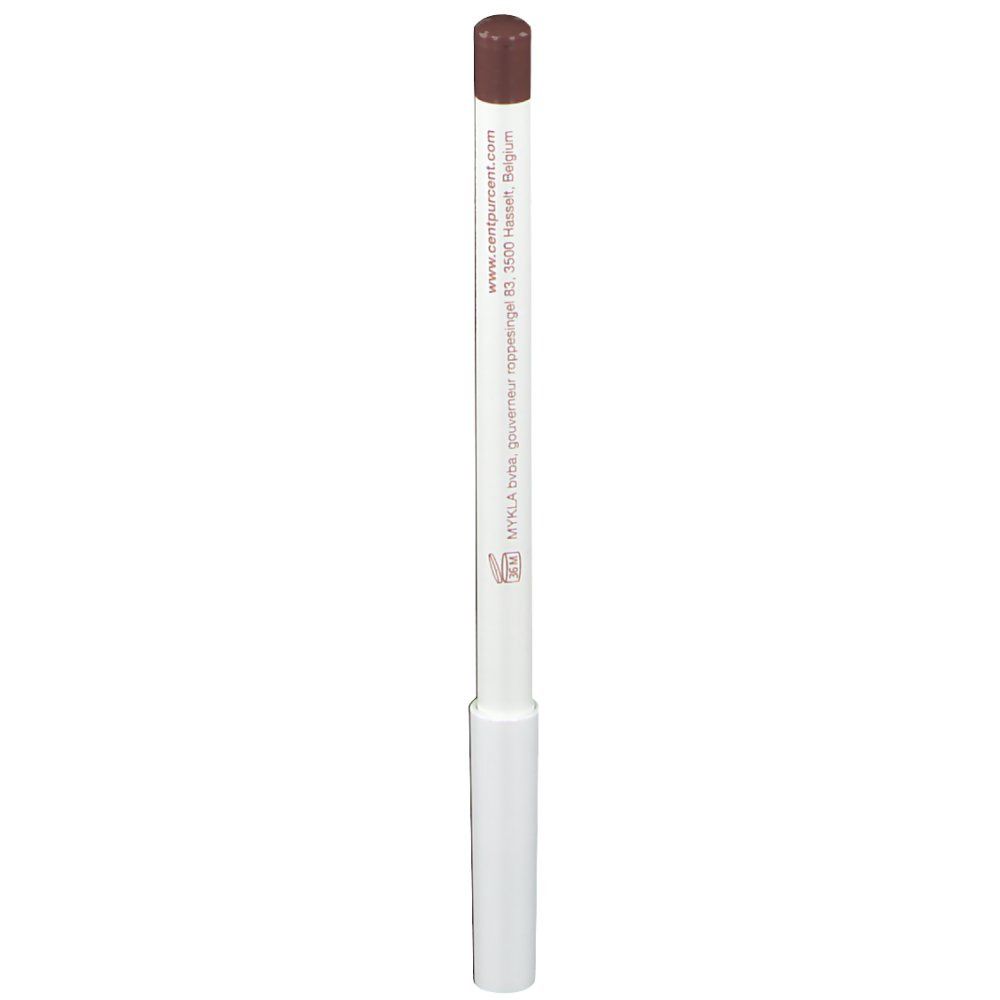 Crayon à lèvres minéral Pflaume, crayon blanc avec pointe marron. Inscription : CENT PUR CENT. Adresse.
