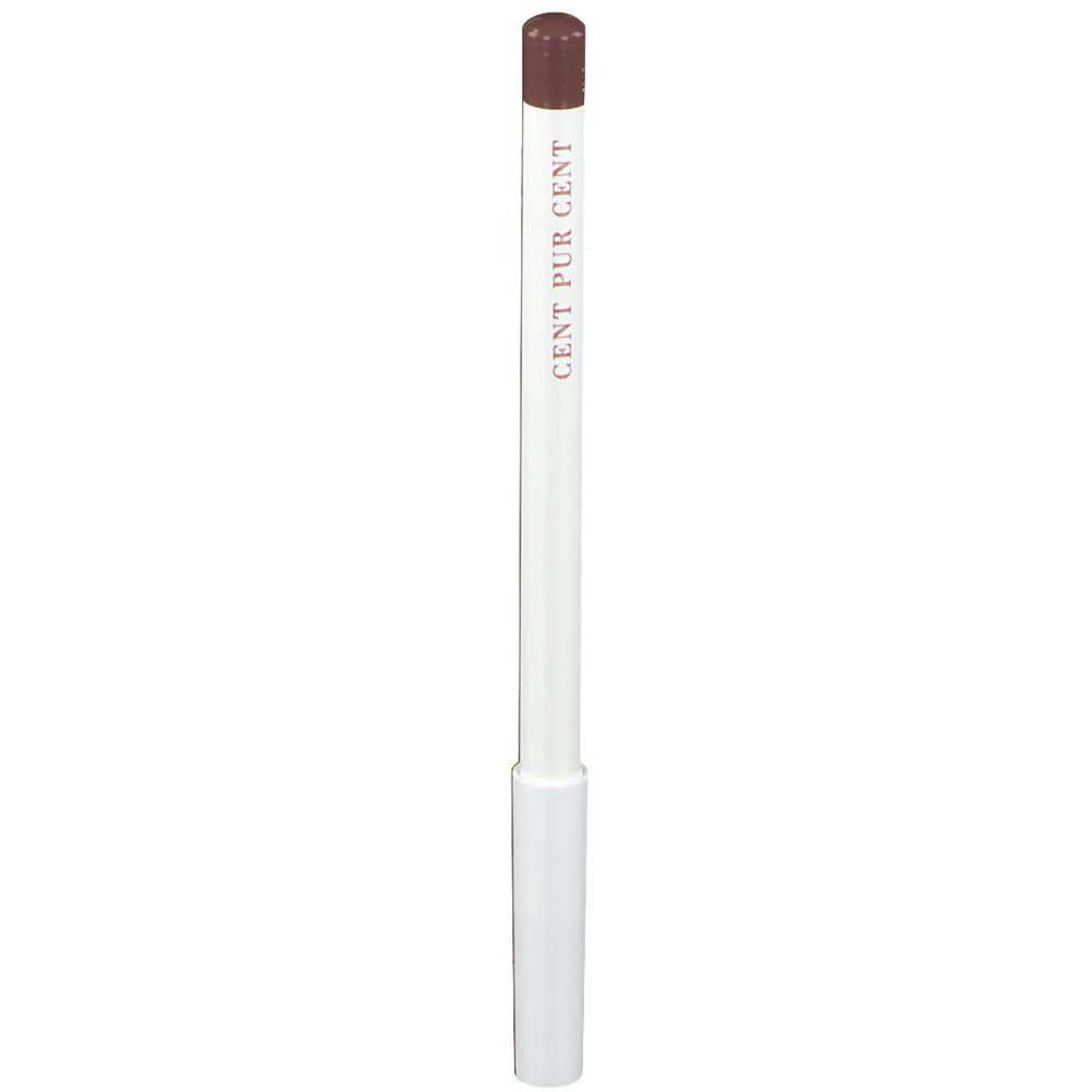 Crayon à lèvres minéral Pflaume, crayon blanc avec pointe marron. Inscription : CENT PUR CENT.