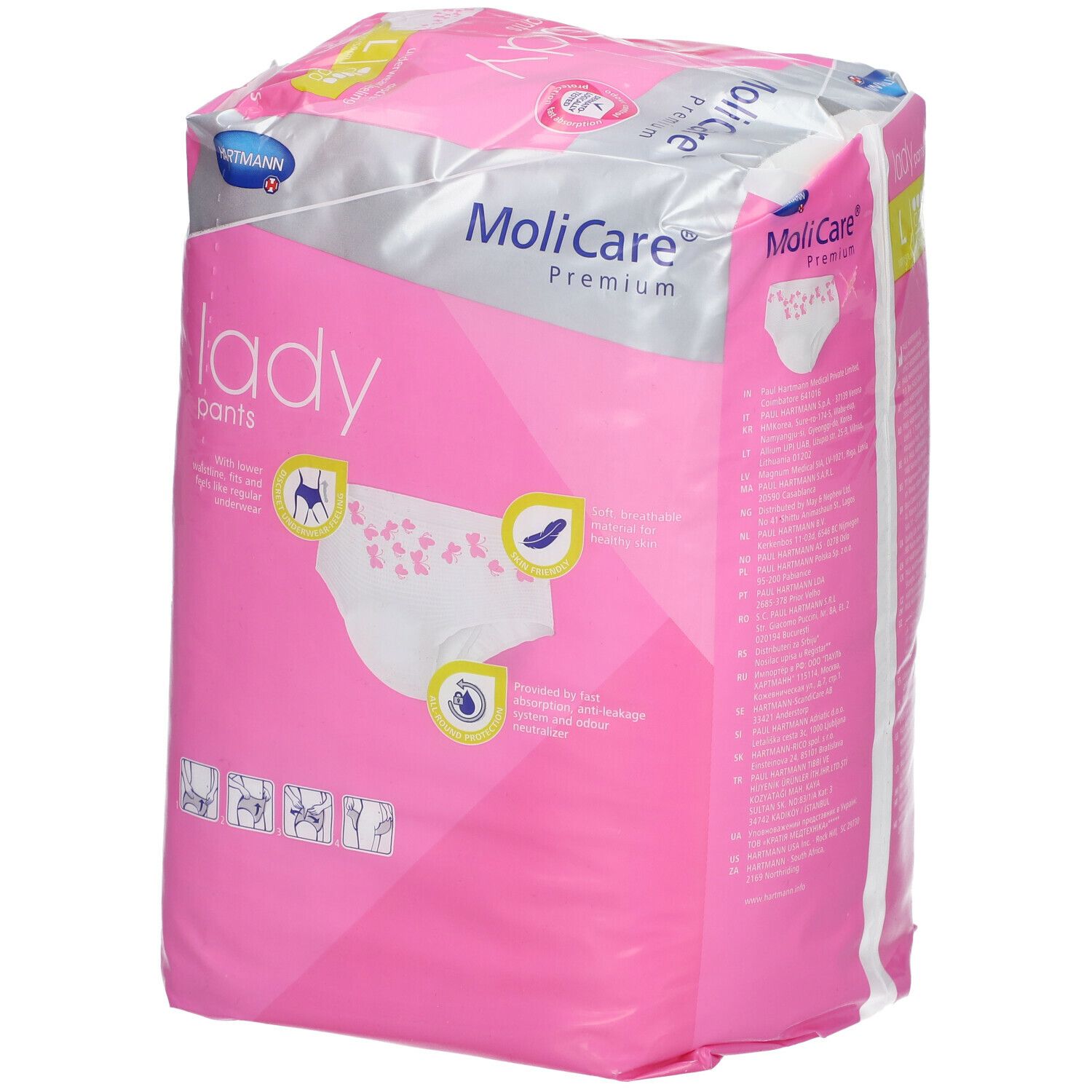 MoliCare Premium Lady Pants. Emballage rose. Taille L. Illustrations du produit.