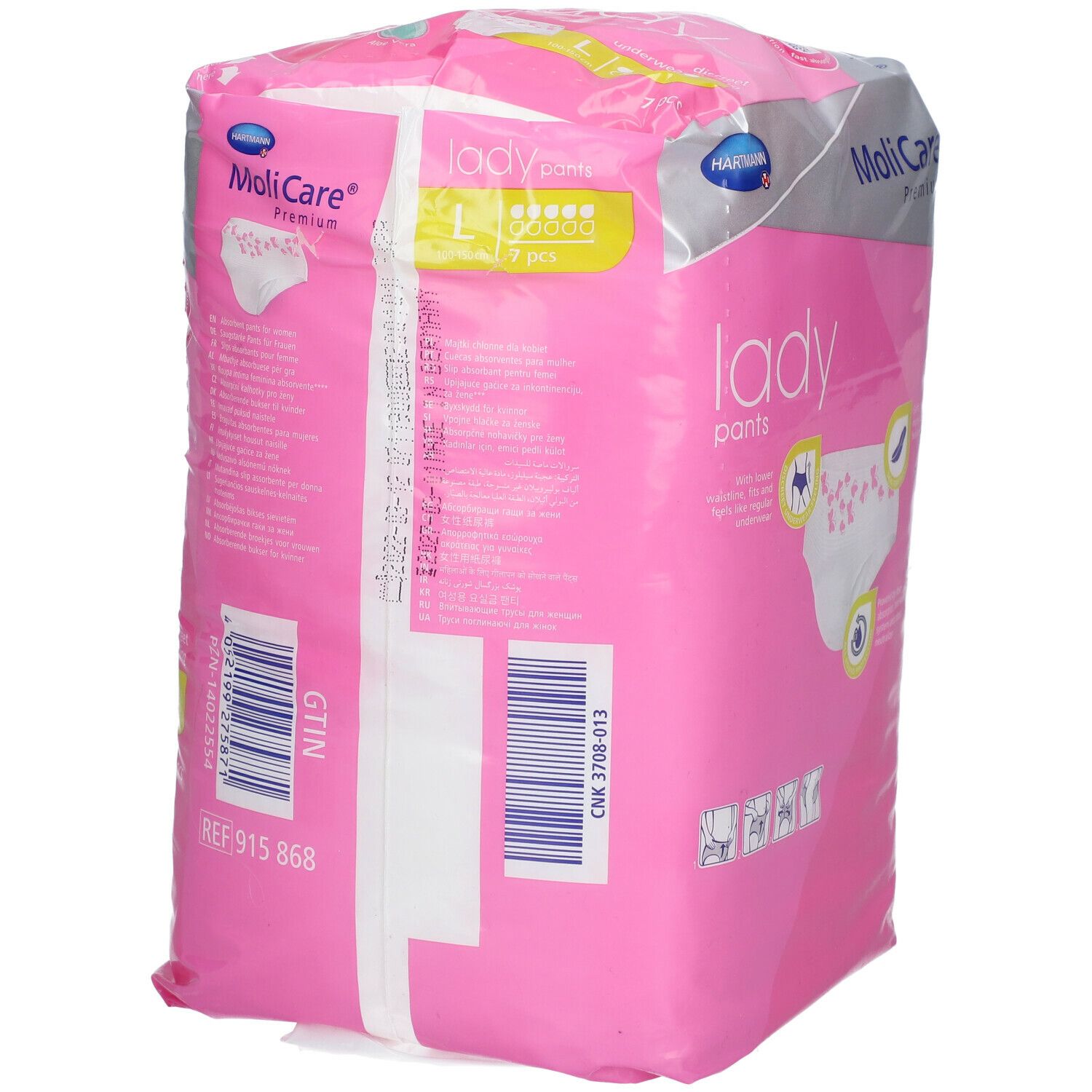 MoliCare Premium Lady Pants. Emballage rose. Taille L. Arrière avec texte et code-barres.