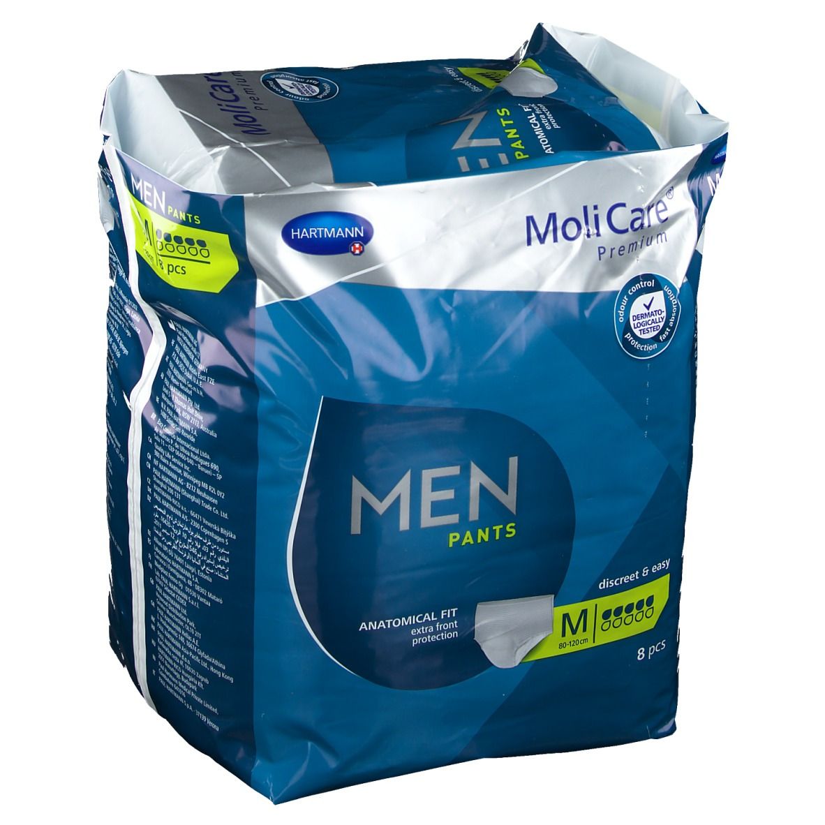Paquet de MoliCare Premium MEN Pants. Emballage bleu avec nom du produit, logo Hartmann, taille M et 8 pièces.