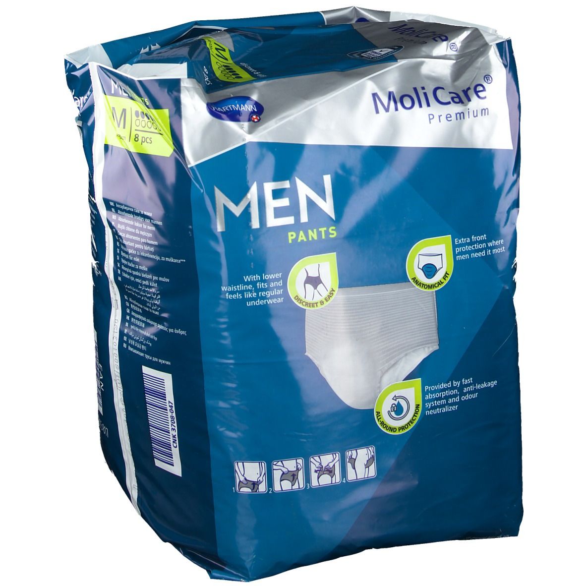 Paquet de MoliCare Premium MEN Pants. Emballage bleu avec image du produit, logo, taille M et 8 pièces.