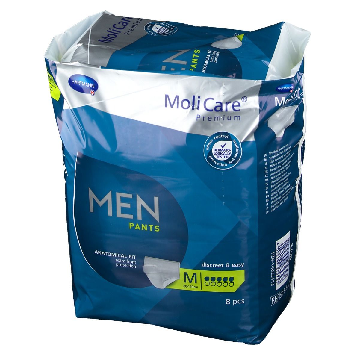 Paquet de MoliCare Premium MEN Pants. Emballage bleu avec nom du produit, logo Hartmann, taille M et 8 pièces.