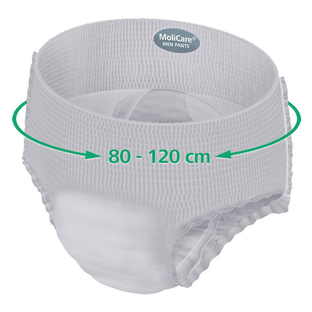 MoliCare Premium MAN Pants. Blanc, avec échelle de taille verte 80-120 cm. Forme anatomique.