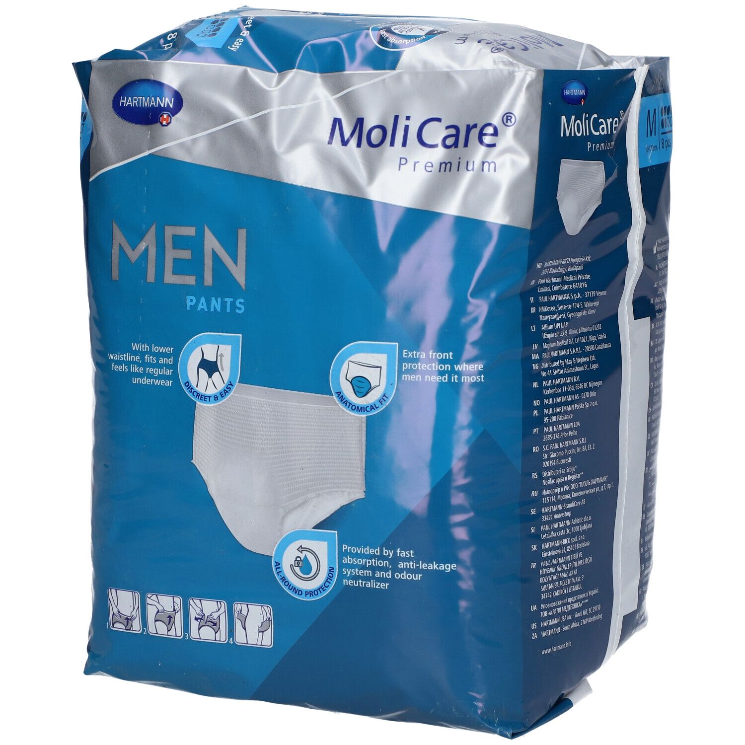 Paquet de MoliCare Premium Men Pants, taille M, 8 pièces. Coupe anatomique. Illustrations des utilisations et caractéristiques.